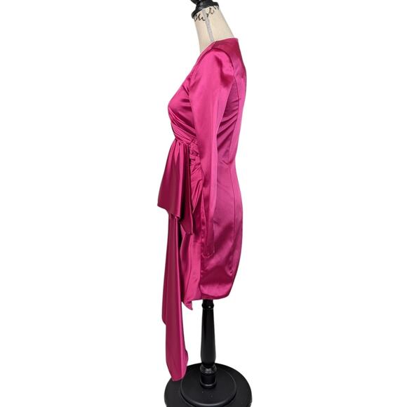 Mac Duggal Asymmetrical Draped Long Sleeve Mini Dress Magenta Size 2 - Picture 5 of 16